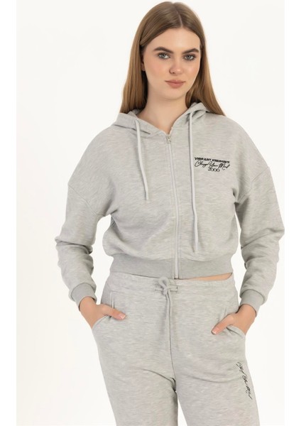 Kadın Fermuarlı 3 Iplik Sweatshirt Gri Melanj