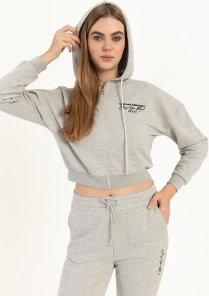 Kadın Fermuarlı 3 Iplik Sweatshirt Gri Melanj