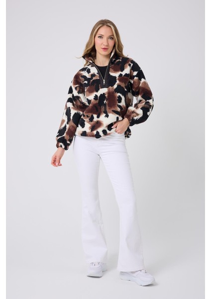 Kadın Fermuar Yaka Peluş Sweatshirt Siyah fırsatları