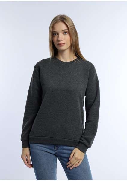 Kadın 3 Iplik Şardonsuz Bisiklet Yaka Sweatshirt Antrasit Melanj