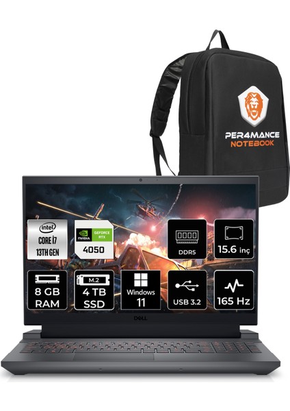 G15 5530 Intel Core I7 13650HX 8gb 4tb SSD RTX4050/6GB 140W 15.6" Fhd 165HzWindows 11 Pro Taşınabilir Bilgisayar & Per4 Çanta G1555301104UP385