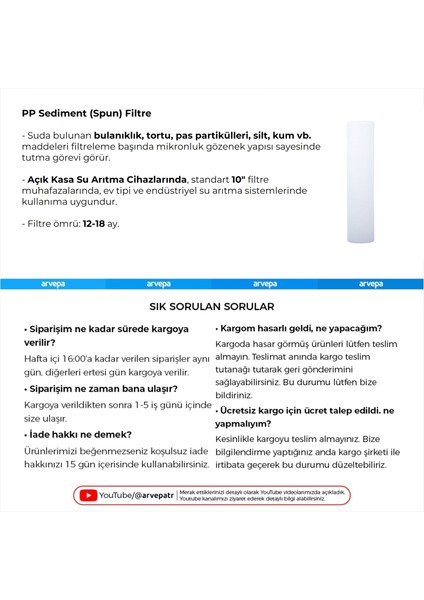 Açık Kasa Su Arıtma Cihazı Sediment (Spun) Filtre 3 Adet