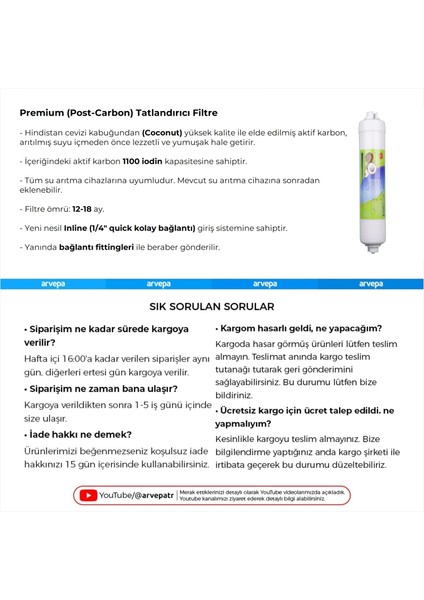 Su Arıtma Cihazı Coconut Premium Post Carbon Tatlandırıcı Filtre 25 Adet modelleri