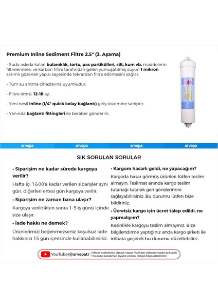 Su Arıtma Cihazı Premium Inline Aşama 3 Sediment Filtre 25 Adet