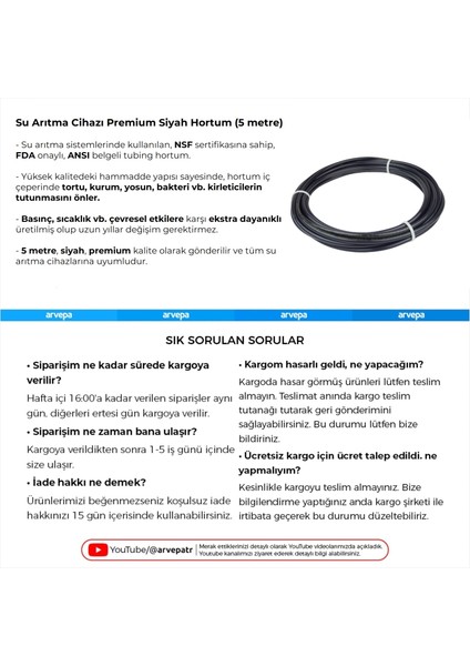 Su Arıtma Cihazı Premium Siyah Hortum (5 Metre) modelleri