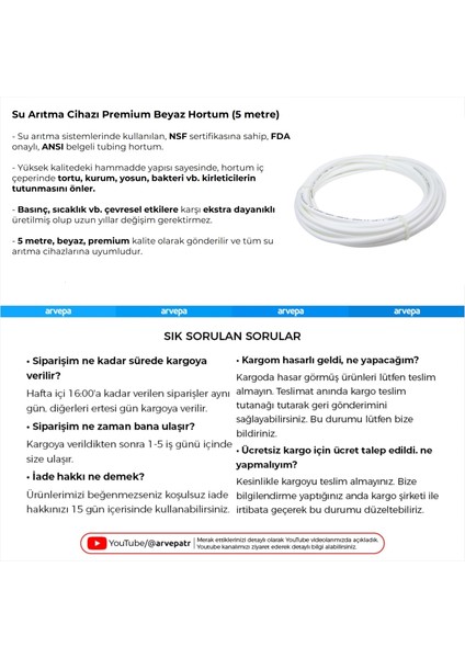 Su Arıtma Cihazı Premium Beyaz Hortum (5 Metre) modelleri