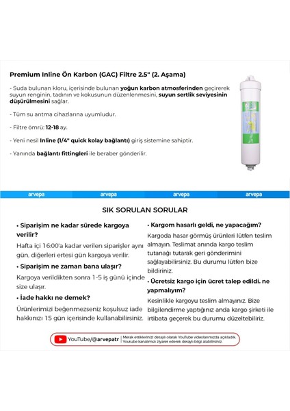 Su Arıtma Cihazı Premium Inline Aşama 2 Ön Karbon Filtre 25 Adet