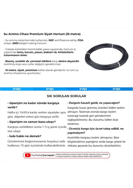 Su Arıtma Cihazı Premium Siyah Hortum (15 Metre) modelleri