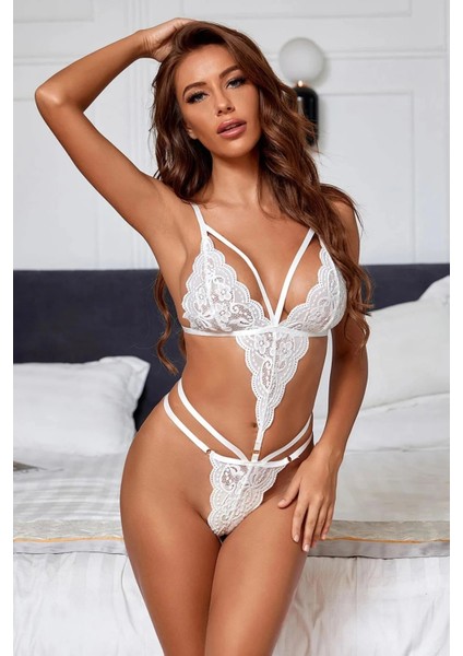 Kadın Beyaz Renk Dantelli Bodysuit Gecelik