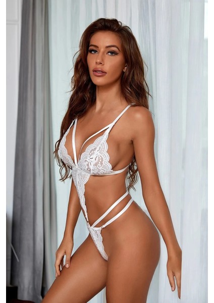 Kadın Beyaz Renk Dantelli Bodysuit Gecelik