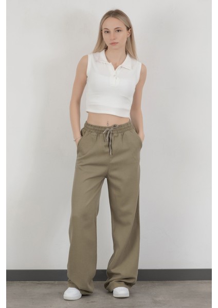 Kadın Beli Lastikli Bağcıklı Bol Paça Pantolon Haki - 4707