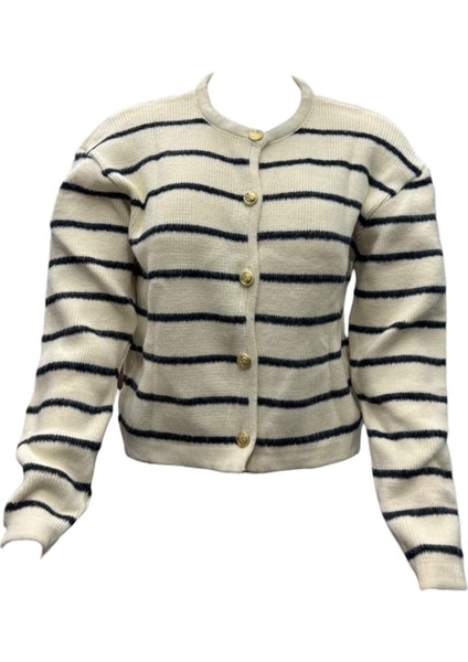 Gold Düğmeli Çizgili Triko Kadın Ceket / Hırka
