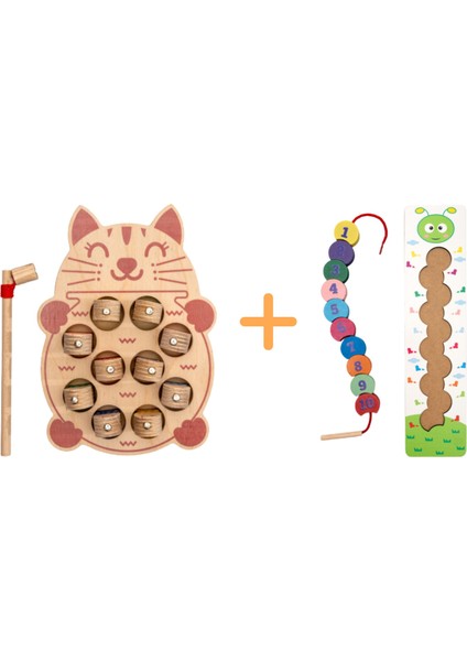 Montessori 3 Boyutlu Ahşap Balık Tutma Oyunu + Montessori Ahşap Tırtıl Ipe Dizme Oyunu