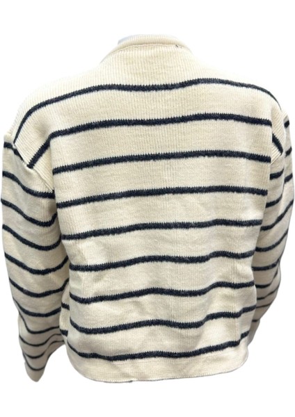 Gold Düğmeli Çizgili Triko Kadın Ceket / Hırka