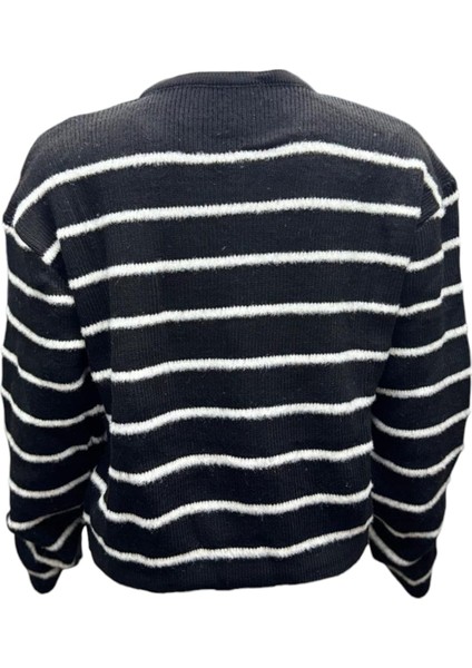 Gold Düğmeli Çizgili Triko Kadın Ceket / Hırka