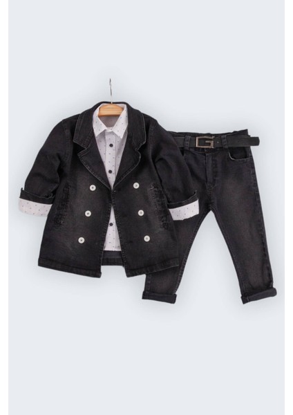 Çift Düğmeli Gömlekli Kemerli 4'lü Erkek Çocuk Kot Takım