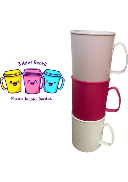 3 Adet Plastik Kulplu Kupa Bardak Plastik Su, Meşrubat Bardağı 300ML 8,5(H) x 7,5 cm