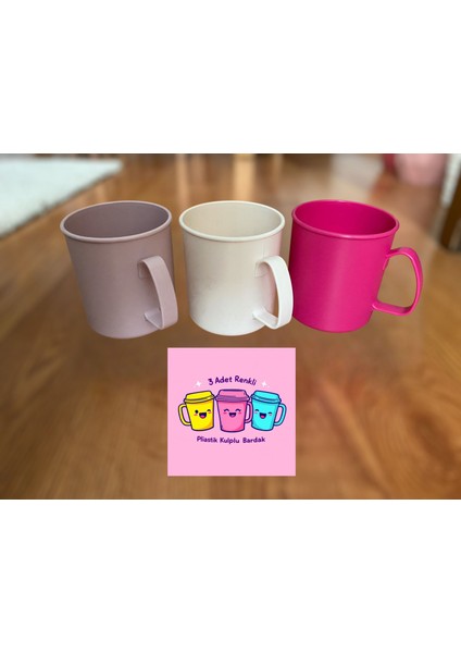 3 Adet Plastik Kulplu Kupa Bardak Plastik Su, Meşrubat Bardağı 300ML 8,5(H) x 7,5 cm