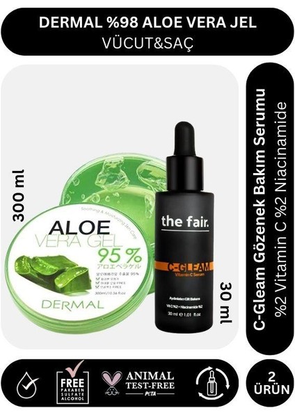 %98 Aloe Vera Jel Saç Cilt Vücut Için Nemlendirici 300 ml ve The Fair. C Gleam 30 ml Serum