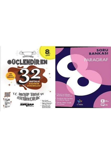 8. Sınıf Güçlendiren 32 Haftalık T.C. İnkılap Tarihi ve Atatürkçülük Kazanım Deneme ve Türkçe Paragraf Soru Bankası