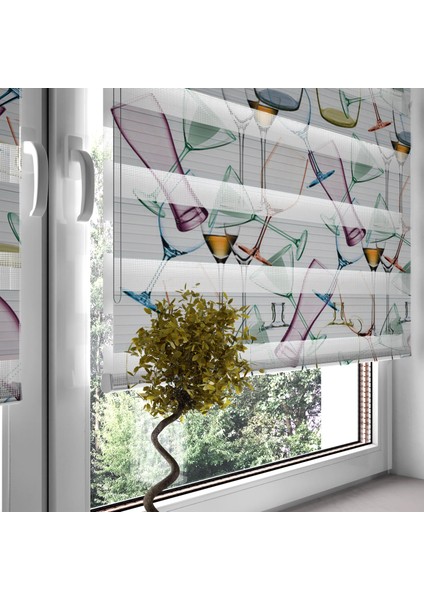 93000-MUTFAK ve Restorantlar Için Şık Bardak Desenli Dijital Baskılı Zebra Stor Perde