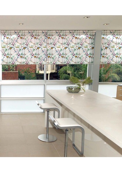 93000-MUTFAK ve Restorantlar Için Şık Bardak Desenli Dijital Baskılı Zebra Stor Perde modelleri