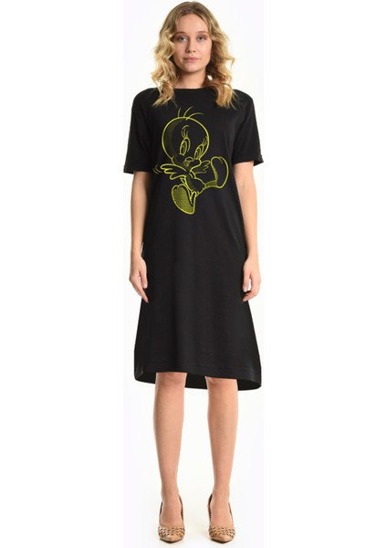 Neşeli Kuş Siyah Kısa Kol Diz Üstü Orta Boy Penye Elbise