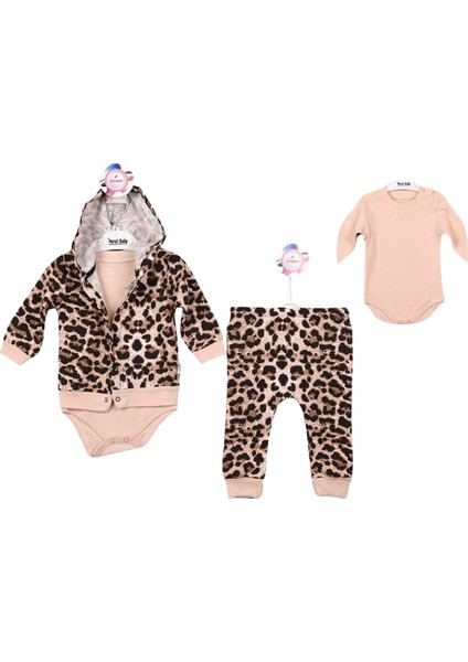 Kız Bebek Takım Leoparlı Kapişonlu Üç Parça