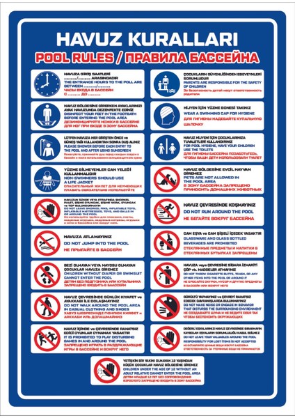 Uyarı Yönlendirme Levhaları " Havuz Kuralları Pool Rules 3 Farklı Dilde" 78X100 cm 5 mm Dekota Levha