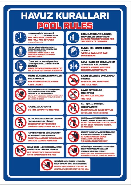 Uyarı Yönlendirme Levhaları " Havuz Kuralları Pool Rules " 78X100 cm 5 mm Dekota Levha