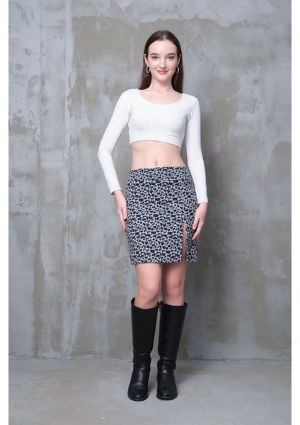 Gri Leopar Desenli Yırtmaçlı Mini Etek Esnek Kumaş Iç Göstermez Yüksek Bel BOY45CM modelleri