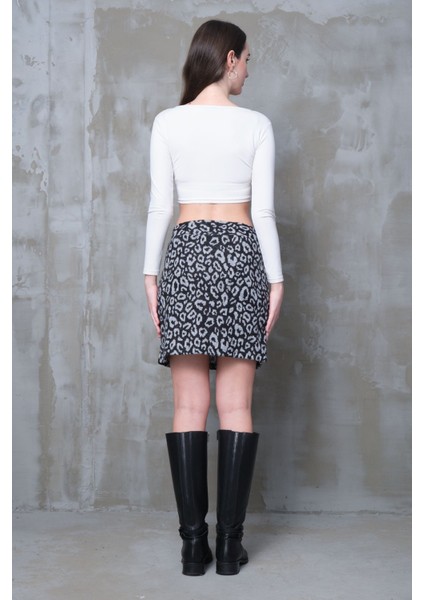 Gri Leopar Desenli Yırtmaçlı Mini Etek Esnek Kumaş Iç Göstermez Yüksek Bel BOY45CM indirimleri