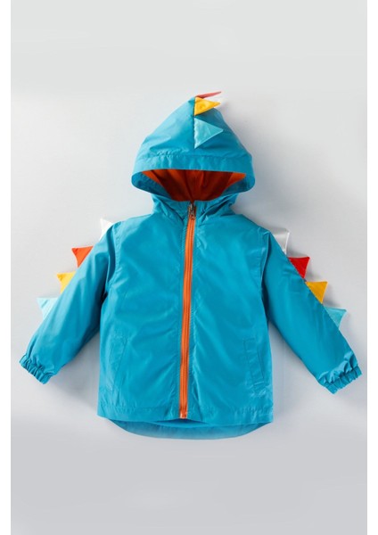 Dinazor Desenli Uzun Kol Fermuarlı Astarlı Kapşonlu Erkek Çocuk Yağmurluk Erkek Bebek Yağmurluk Mont