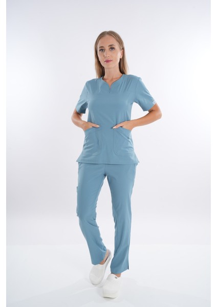 Business Model Soft Likra Cool Petrol Mavi Doktor Hemşire Hastane Scrubs Üniforma Takımı