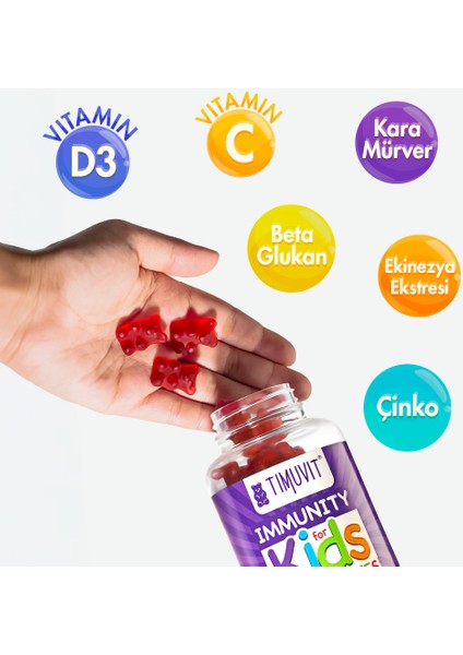 Immunity For Kids | Vitamin C ve D3, Kara Mürver, Çinko ve Beta Glukan İçeren 60 Çiğnenebilir Gummy