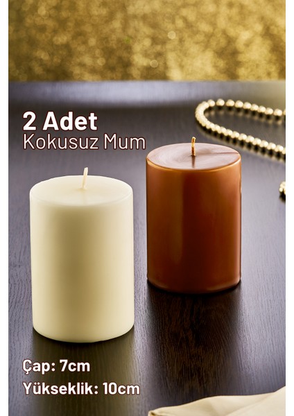 2'li Dekoratif Mum Seti - Mum - Krem Kahverengi Mum