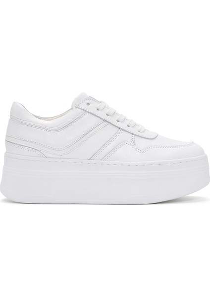 Kadın Beyaz Bağcıklı Kalın Tabanlı Deri Sneaker 25SFD370718