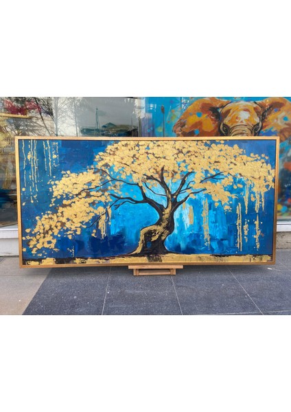 Yağlı Boya Dokulu Tablo Mavi Fonda Bonsai Ağacı U01009