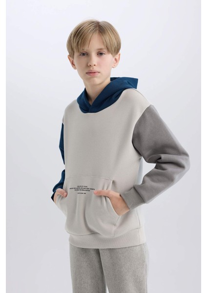 Erkek Çocuk Kapüşonlu Cep Baskılı Sweatshirt B4426A8NS