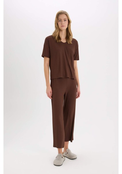 Pijama Takımı Fitilli Kaşkorse Kısa Kollu Üst Esnek Belli Kapri Boy Alt-Fall in Love E0865AX25SP