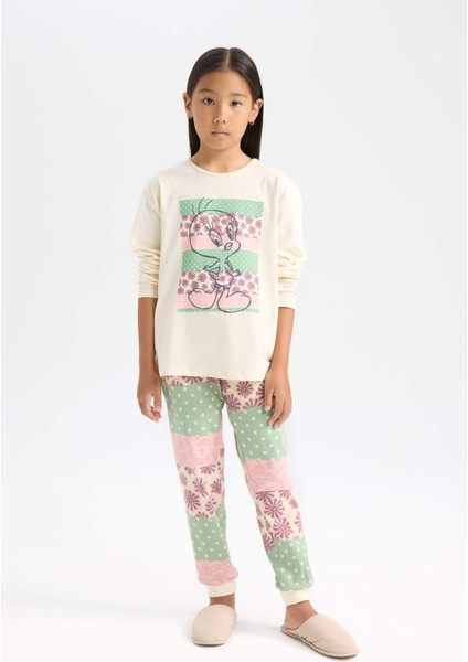 Kız Çocuk Looney Tunes Pijama Takımı Uzun Kollu Üst Beli Lastikli Uzun Alt D6321A8NS