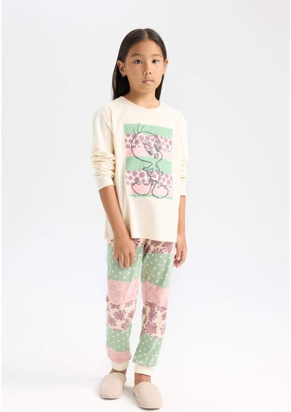 Kız Çocuk Looney Tunes Pijama Takımı Uzun Kollu Üst Beli Lastikli Uzun Alt D6321A8NS