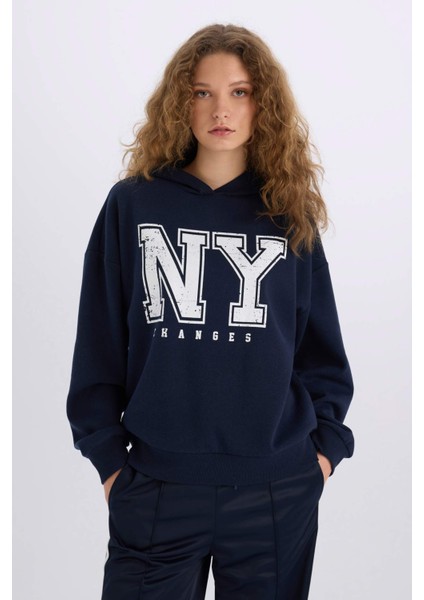 Loose Fit Kapüşonlu Baskılı Kalın Kumaş Sweatshirt E3332AXNS