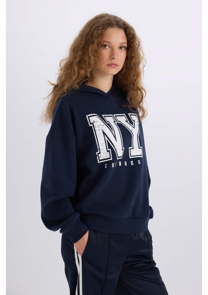 Loose Fit Kapüşonlu Baskılı Kalın Kumaş Sweatshirt E3332AXNS