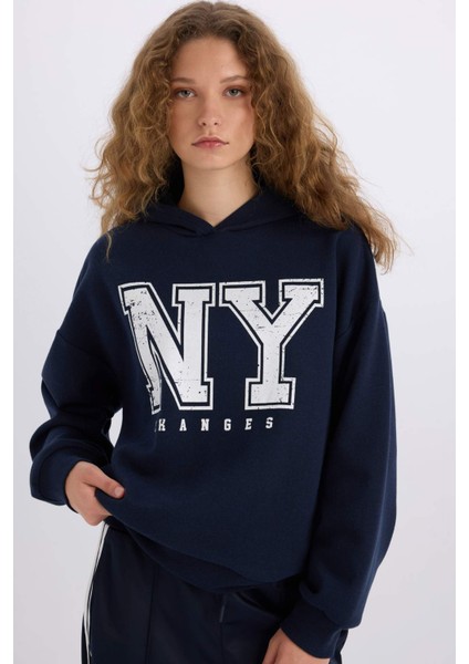 Loose Fit Kapüşonlu Baskılı Kalın Kumaş Sweatshirt E3332AXNS