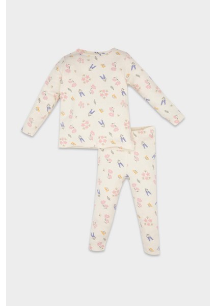 Kız Bebek Pijama Takımı Çiçekli Uzun Kollu Fitilli Kaşkorse Üst Beli Lastikli Uzun Alt D6803A5NS