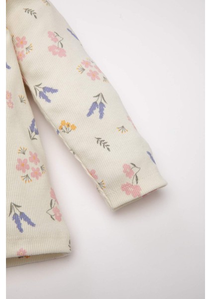 Kız Bebek Pijama Takımı Çiçekli Uzun Kollu Fitilli Kaşkorse Üst Beli Lastikli Uzun Alt D6803A5NS