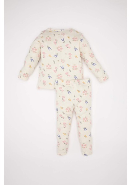 Kız Bebek Pijama Takımı Çiçekli Uzun Kollu Fitilli Kaşkorse Üst Beli Lastikli Uzun Alt D6803A5NS