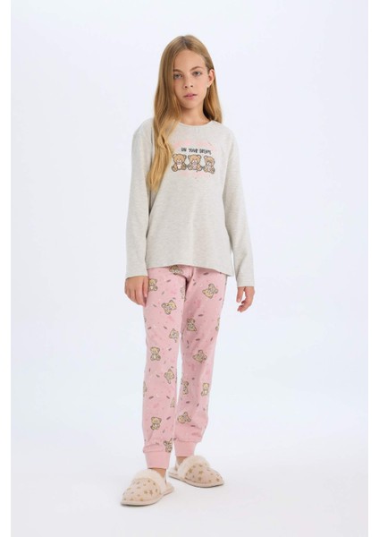 Kız Çocuk Pijama Takımı Ayıcık Baskılı Uzun Kollu Üst Beli Lastikli Uzun Alt D6320A8NS