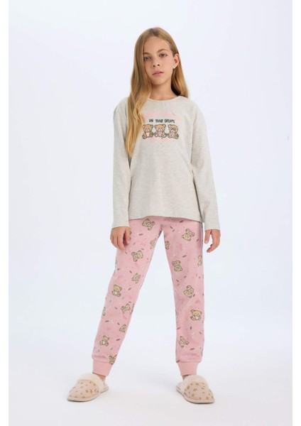 Kız Çocuk Pijama Takımı Ayıcık Baskılı Uzun Kollu Üst Beli Lastikli Uzun Alt D6320A8NS
